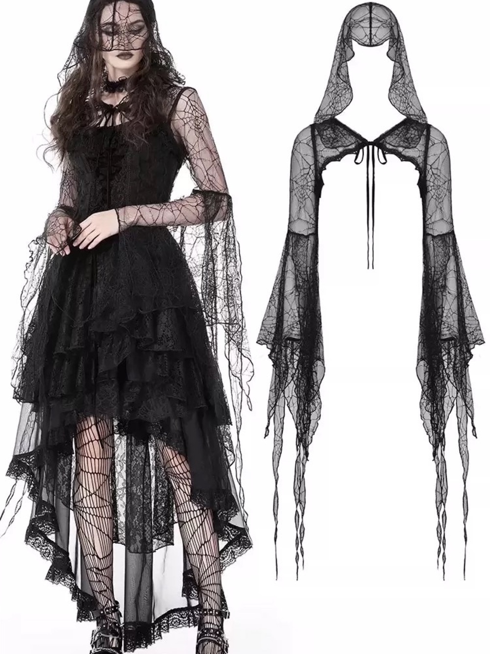 DARK IN LOVE Black Steampunk Gothic Spider Exaggerated Sleeves Hooded Cape Women